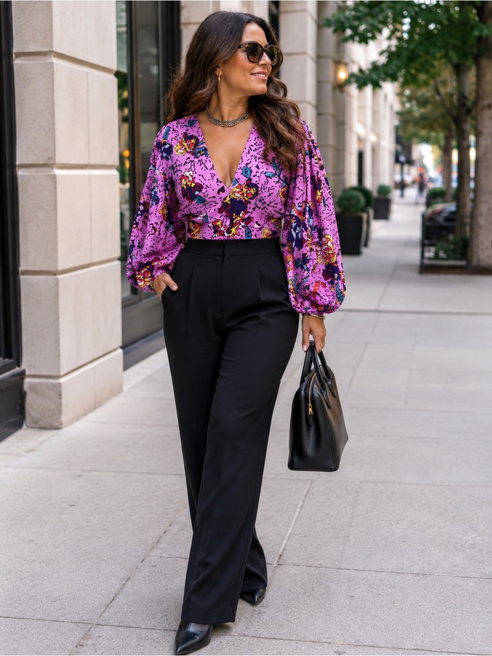 SIGNATURE8 Woman’s 80’s Vibe Multicolored Puff Sleeve Plunge Neck Blouse M